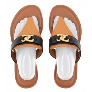 Aerosoles Greta 773 Tan Black Leather Thong Sandals Gold Link Flat Slides 8M